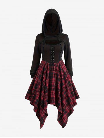 Plaid Print Patchwork Lace Up Hollow Out Drawstring Hooded Asymmetrical Vintage Dress - BLACK - S