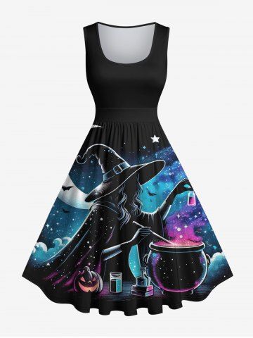 Plus Size Pumpkin Wizard Pot Moon Star Colorful Galaxy Print Halloween Costume Vintage Swing A Line Dress - BLACK - S