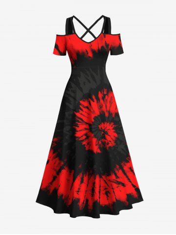 Plus Size Spiral Tie Dye Print Halloween Costume Crisscross A Line Maxi Dress - RED - 6X