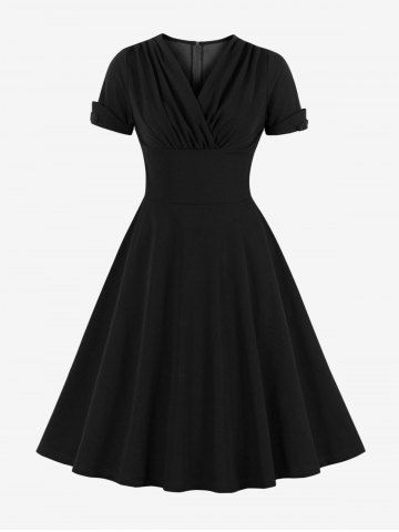 Plus Size Surplice Ruched Zipper Solid Color Vintage Dress - BLACK - 1XL