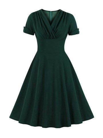 Plus Size Surplice Ruched Zipper Solid Color Vintage Dress - GREEN - 1XL