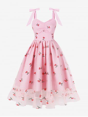 Cherry Embroidery Mesh Ruched Zipper Tie Bowknot Vintage Tank Dress - LIGHT PINK - M