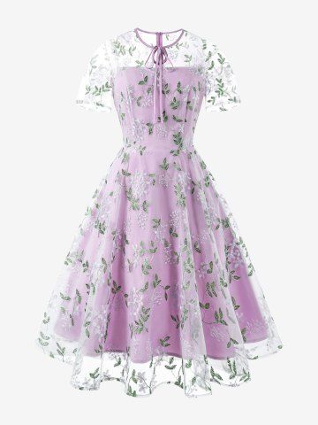 Flowers Leaves Embroidery Mesh Tie Zipper Keyhole Neck Vintage Dress - PURPLE - S