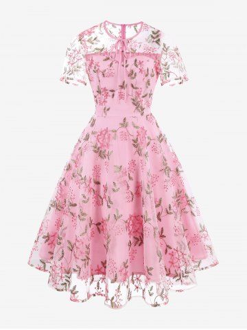 Flowers Leaves Embroidery Mesh Tie Zipper Keyhole Neck Vintage Dress - LIGHT PINK - XXL