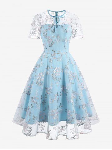 Flowers Leaves Embroidery Mesh Tie Zipper Keyhole Neck Vintage Dress - BLUE - S