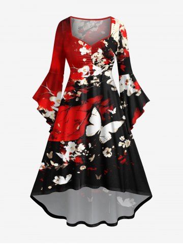 Plus Size Butterfly Tree Branch Floral Ink Painting Print Halloween Costume Ruched High Low Asymmetric Dress - RED - 5X