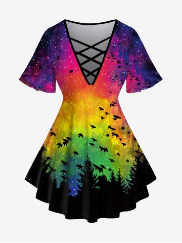 Plus Size Tree Forest Birds Tie Dye Ombre Colorful Glitter Galaxy Print Halloween Lattice T-shirt - MULTI-A - XS