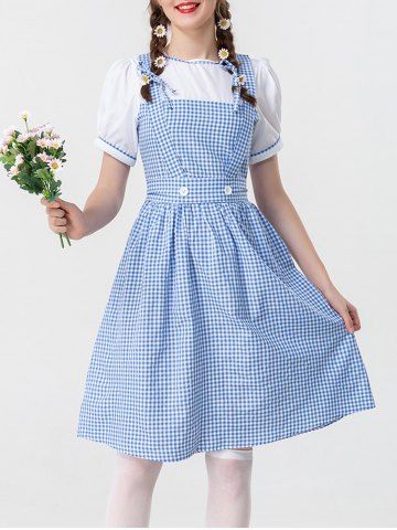 Plaid Patchwork Tie Bowknot Buttons Vintage Dress - BLUE - M