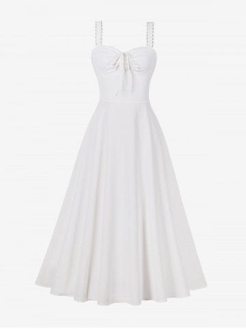 Robe Débardeur Vintage Plissée en Couleur Unie à Ourlet en Dentelle avec Nœud Papillon - WHITE - S