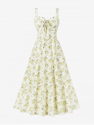 Robe Vintage Fleur Feuille Imprimée à Ourlet en Dentelle à Volants avec Nœud Papillon - YELLOW - S