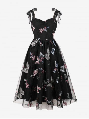 Butterfly Flower Embroidery Mesh Zipper Tie Bowknot Tank Vintage Dress - BLACK - S