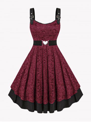 Plus Size Vintage Floral Lace Jacquard Buckled Straps Fit and Flare Belted Dress - DEEP RED - 2X | US 18-20