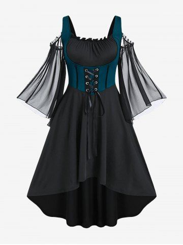 Plus Size Lace Up Cold Shoulder Flare Sleeves High Low Ruched Renaissance Corset Dress - MIDNIGHT BLUE - 2X | US 18-20