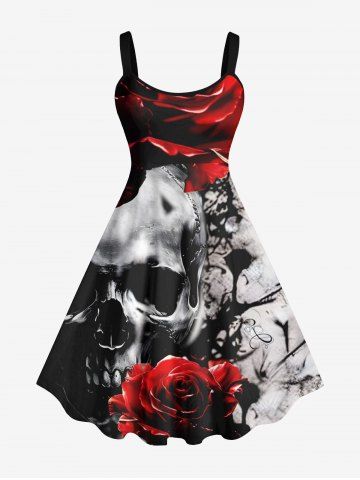 Plus Size Skull Rose Flower Ink Painting Print Halloween Costume A Line Tank Dress - BLACK - 2X