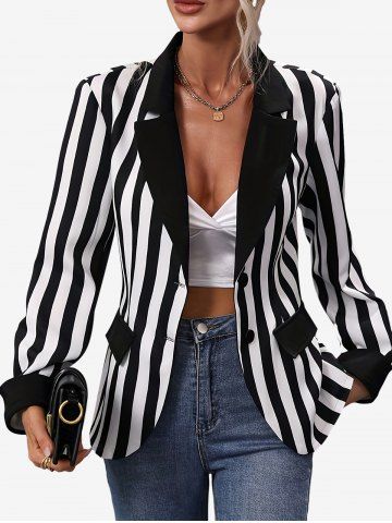 White and Black Stripes Print Pockets Lapel Collar Blazer - BLACK - S