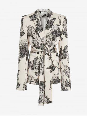 Ink Painting Leopard Leaf Flowers Print Vintage Blazer With Belt - WHITE - XL