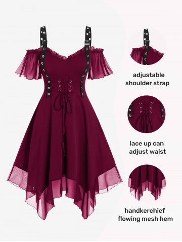 Gothic Plus Size Cold Shoulder Lace Up Grommet Handkerchief Chiffon Asymmetric Dress - DEEP RED - 1X | US 14-16