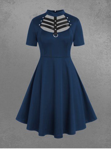 Gothic D-ring PU Leather Panel Ladder Cutout Dress - MIDNIGHT BLUE - 5X | US 30-32