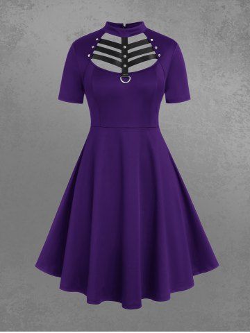 Gothic D-ring PU Leather Panel Ladder Cutout Dress - CONCORD - L | US 12