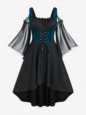 Plus Size Lace Up Cold Shoulder Flare Sleeves High Low Ruched Renaissance Corset Dress - MIDNIGHT BLUE - L | US 12