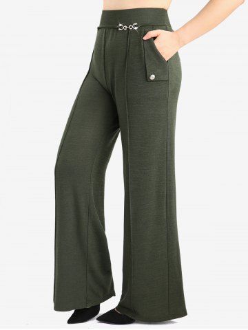 Plus Size Pintuck Buckles Waist Pockets Buttons Wide Leg Pants - GREEN - M | US 10