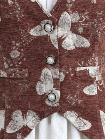 Plus Size Butterfly Flowers Print Buttons Vest and Ruffles Ruched Cold Shoulder Top