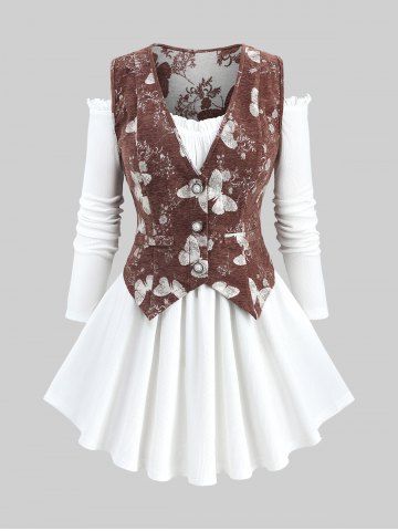 Plus Size Butterfly Flowers Print Buttons Vest and Ruffles Ruched Cold Shoulder Top - COFFEE - M | US 10