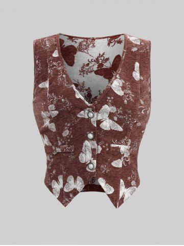 Plus Size Butterfly Flowers Print Buttons Vest and Ruffles Ruched Cold Shoulder Top