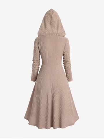 Plus Size Cable Knitted Ribbed Textured Ruched Pockets Horn Button Hooded Dress