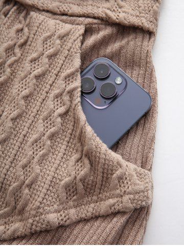 Plus Size Cable Knitted Ribbed Textured Ruched Pockets Horn Button Hooded Dress