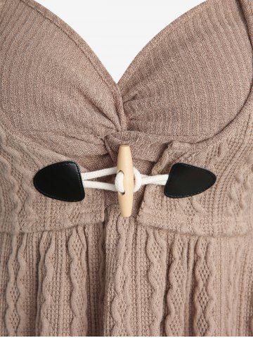 Plus Size Cable Knitted Ribbed Textured Ruched Pockets Horn Button Hooded Dress