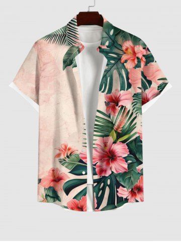 Plus Size Tropical Leaf Flowers Print Buttons Pocket Hawaii Shirt For Men