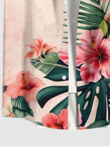 Plus Size Tropical Leaf Flowers Print Buttons Pocket Hawaii Shirt For Men
