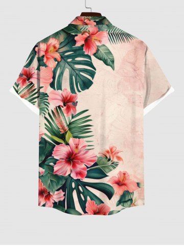 Plus Size Tropical Leaf Flowers Print Buttons Pocket Hawaii Shirt For Men