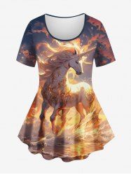 Plus Size Glitter Sunset Cloud Sea Unicorn Print Ombre T-shirt -  