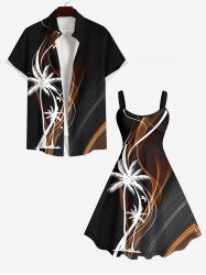 Tenue de Plage à Imprimé Cocotiers et Oiseaux 3D Grande-Taille pour Couples - Noir 