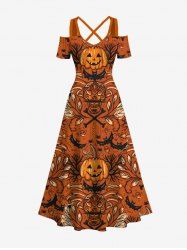 Maxi Robe D'Halloween Citrouille Chauve-souris Crâne Imprimés à Epaule Dénudée Grande Taille - Multi-A 5X