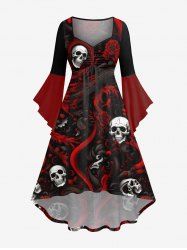 Plus Size Halloween Costume Skulls Rose Flower Print Ruched Flare Sleeve High Low Dress -  