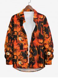 Plus Size Halloween Costume Cat Pumpkin Bat Print Buttons Long Sleeve Shirt For Men -  