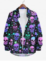Plus Size Halloween Colorful Skulls Stars Print Buttons Long Sleeve Shirt For Men -  