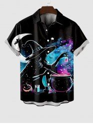 Plus Size Pumpkin Wizard Pot Moon Star Colorful Galaxy Print Halloween Button Pocket Shirt For Men -  