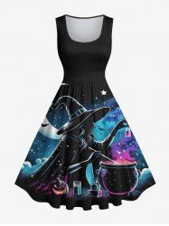 Plus Size Pumpkin Wizard Pot Moon Star Colorful Galaxy Print Halloween Costume Vintage Swing A Line Dress -  