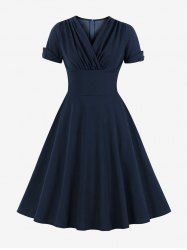 Plus Size Surplice Ruched Zipper Solid Color Vintage Dress -  