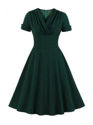 Plus Size Surplice Ruched Zipper Solid Color Vintage Dress -  