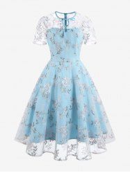 Flowers Leaves Embroidery Mesh Tie Zipper Keyhole Neck Vintage Dress -  