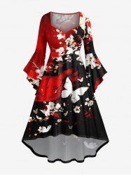 Robe D'Halloween Asymétrique Branche D'Encre Fleurie et Papillon Imprimés de Grande Taille - Rouge 6X