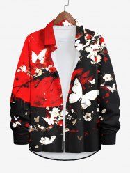 Plus Size Butterfly Tree Branch Floral Ink Painting Print Halloween Button Shirt For Men -  