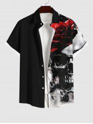 Plus Size Skull Rose Flower Ink Painting Print Halloween Button Pocket Shirt For Men -  