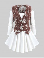 Plus Size Butterfly Flowers Print Buttons Vest and Ruffles Ruched Cold Shoulder Top -  