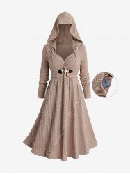Plus Size Cable Knitted Ribbed Textured Ruched Pockets Horn Button Hooded Dress -  